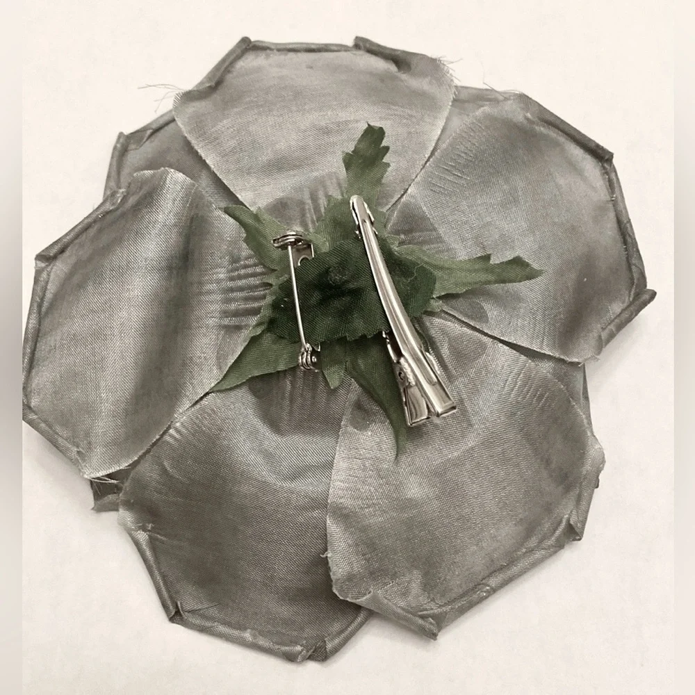 Grey Taffeta Layered Flower Petals Elegant Romantic Versatile Hair Clip & Pin